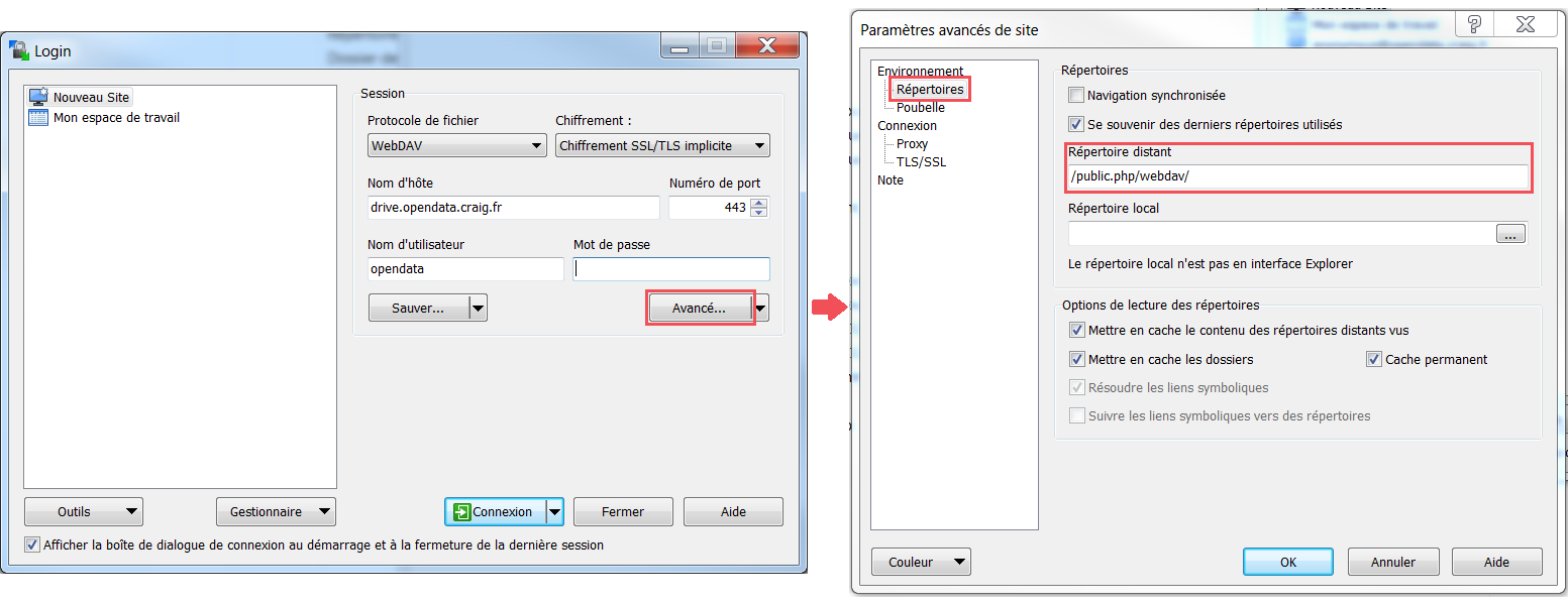 Paramétrage de WinSCP pour l'accès au drive Open Data du CRAIG via WebDAV